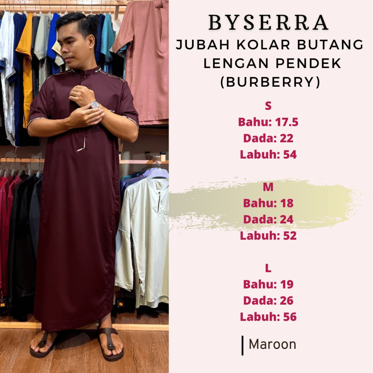 JUBAH KOLAR BUTANG LENGAN PENDEK (BURBERRY) - Image 7